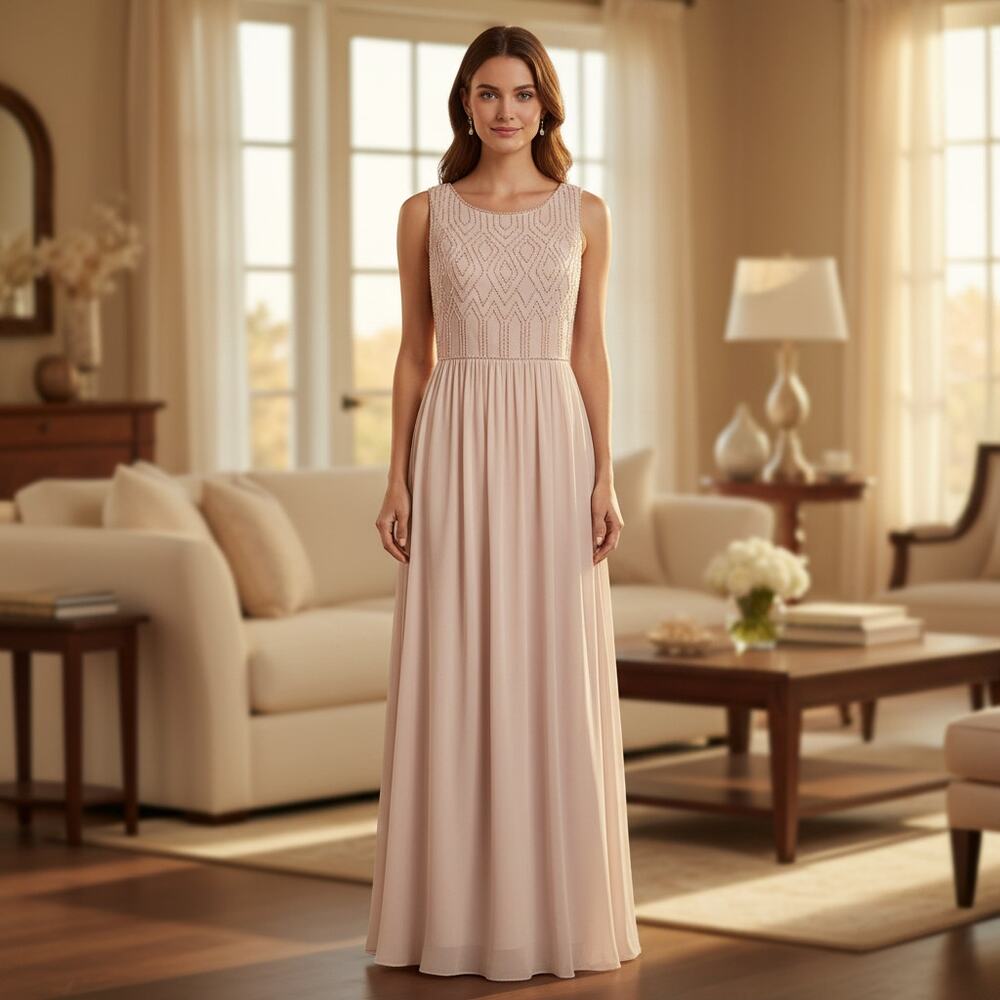 Adrianna Papell Womens 6 Blush Pink Beaded Chiffon Evening Gown Maxi Dress